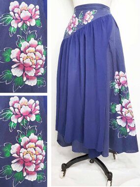 Vintage Womens Handmade Handpainted Floral Layered Flared Skirt Blue XS/S